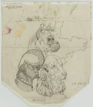 Gustave Soury dessin Trois chiens se détachant sur une carte partielle de la France 1952 1967.116.568 Photo