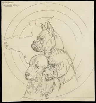 Gustave Soury dessin Trois chiens se détachant sur une carte partielle de la France 1952 1967.116.569 Photo
