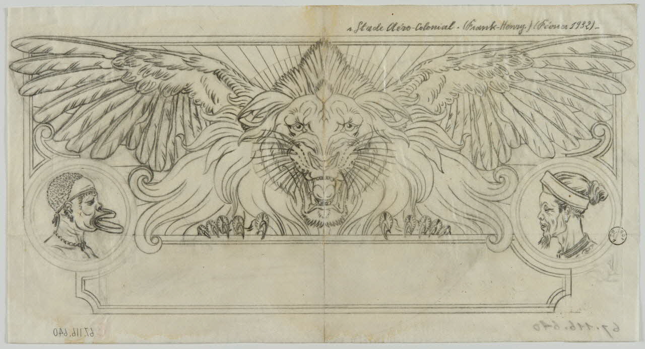 Gustave Soury dessin Tête de lion entre deux ailes de rapace et personnages en medaillon 1932 1967.116.640 Photo