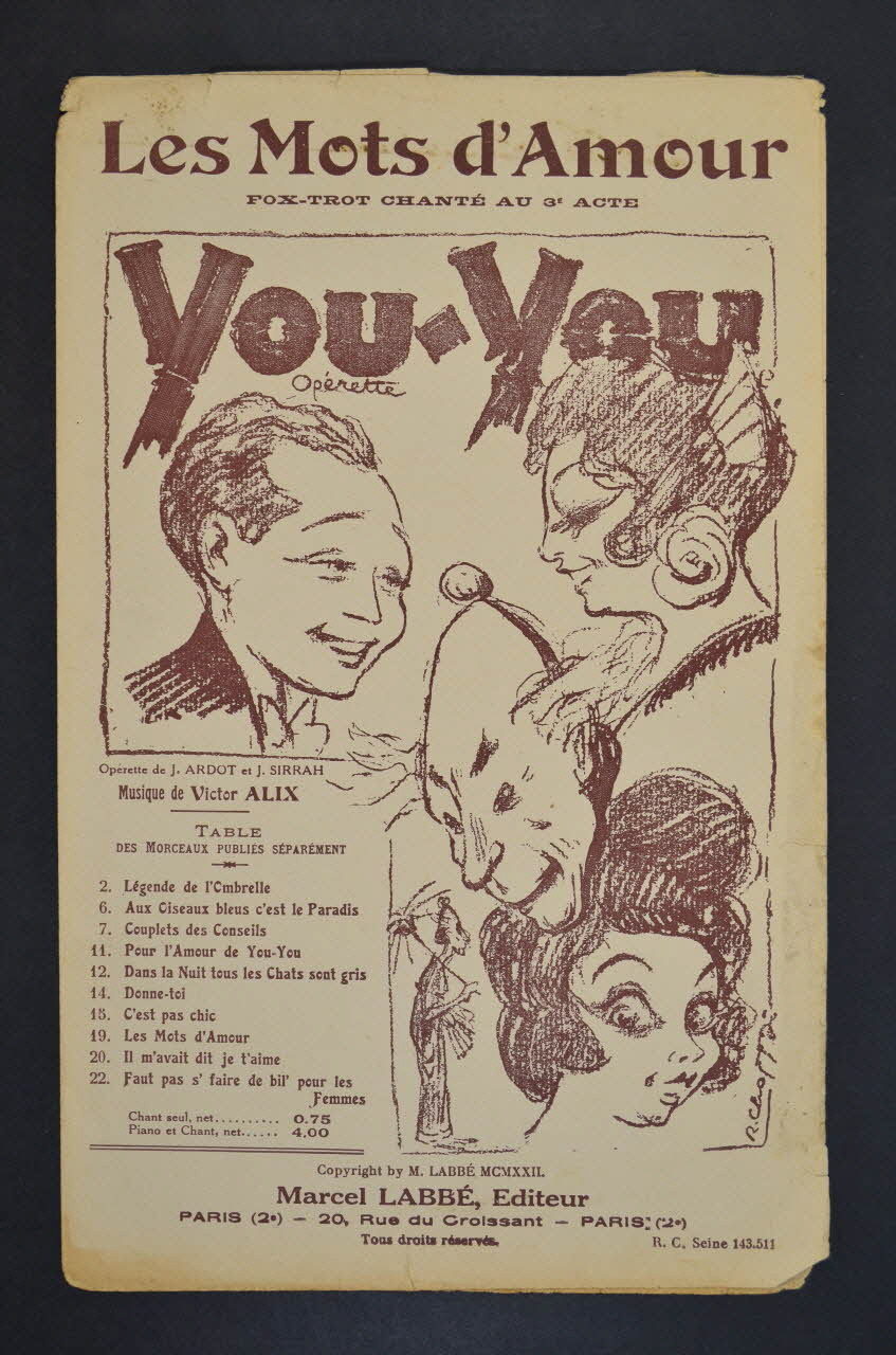 J. Ardot ; Victor Alix ; J. Sirrah ; Labbé chanson petit format Île-de-France, France 1922 1965.175.49 Photo Mucem