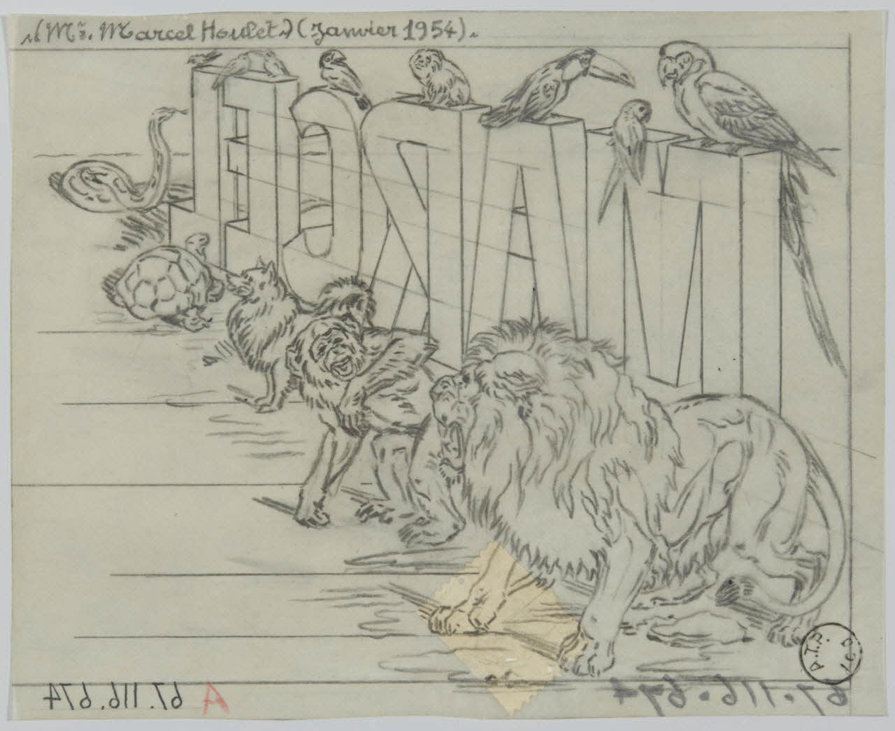 Gustave Soury partie d'un ensemble de dessins Animaux entourant les lettres d'un prénom 1954 1967.116.674 Photo