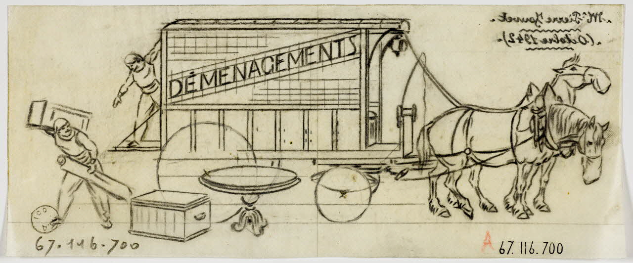 Gustave Soury dessin Déménageurs déchargeant un véhicule tiré par deux chevaux 1942 1967.116.700 Photo