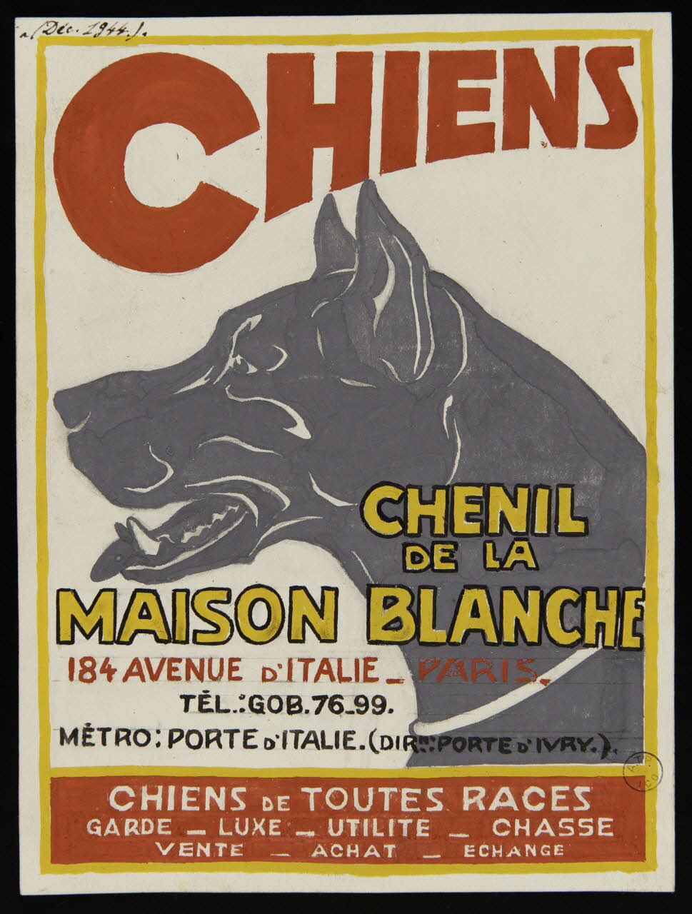 Gustave Soury dessin Projet d'affiche pour le chenil de la Maison Blanche 1944 1967.116.718 Photo