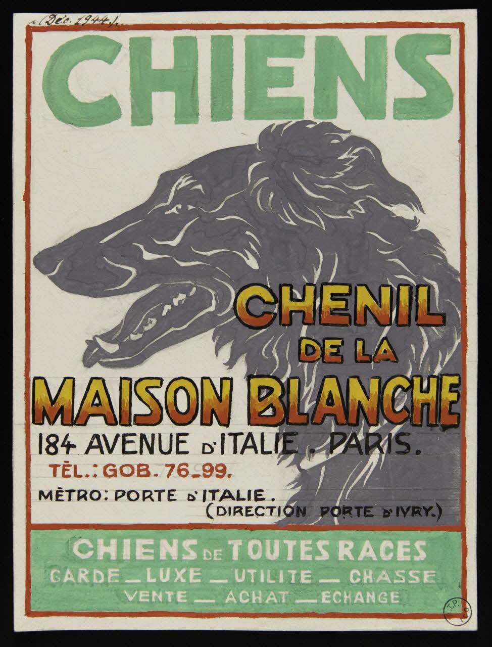 Gustave Soury dessin Projet d'affiche pour le chenil de la Maison Blanche 1944 1967.116.719 Photo