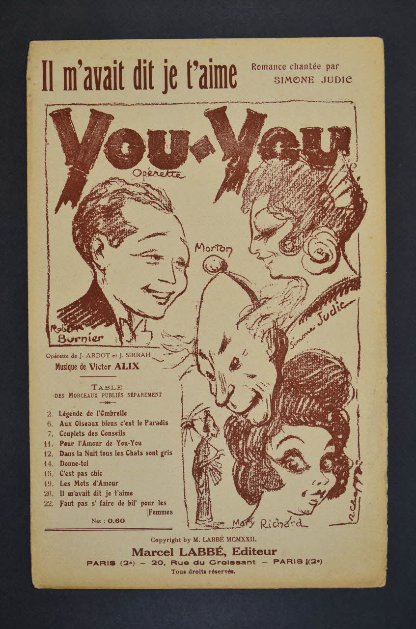 J. Ardot ; Victor Alix ; J. Sirrah ; Labbé chanson petit format Île-de-France, France 1922 1965.175.50 Photo Mucem