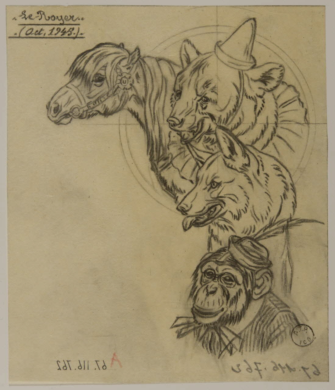 Gustave Soury dessin Ours brun et chimpanzé deguisés, poney et chien-loup 1945 1967.116.762 Photo