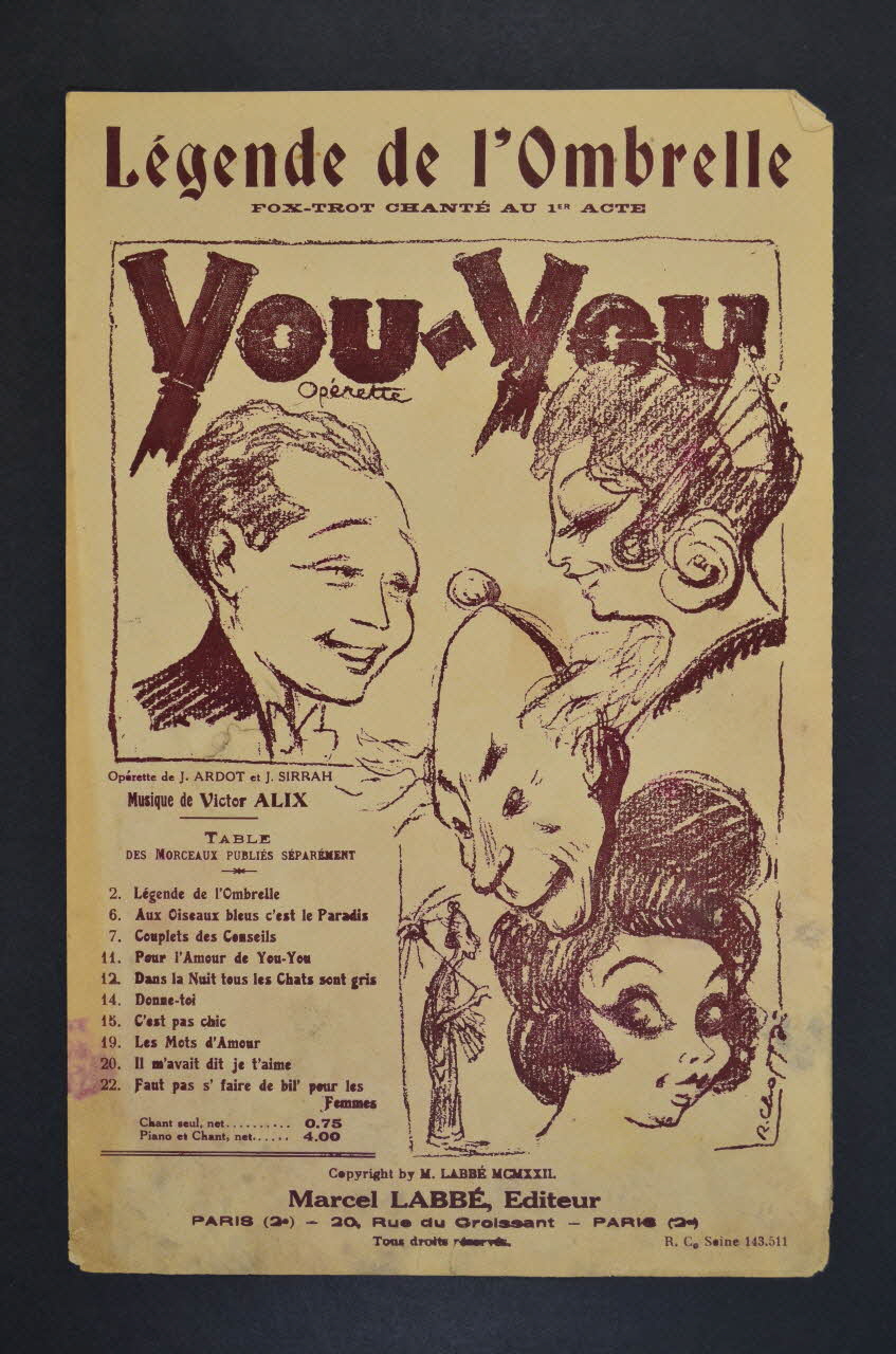 J. Ardot ; Victor Alix ; J. Sirrah ; Labbé chanson petit format Île-de-France, France 1922 1965.175.51 Photo Mucem