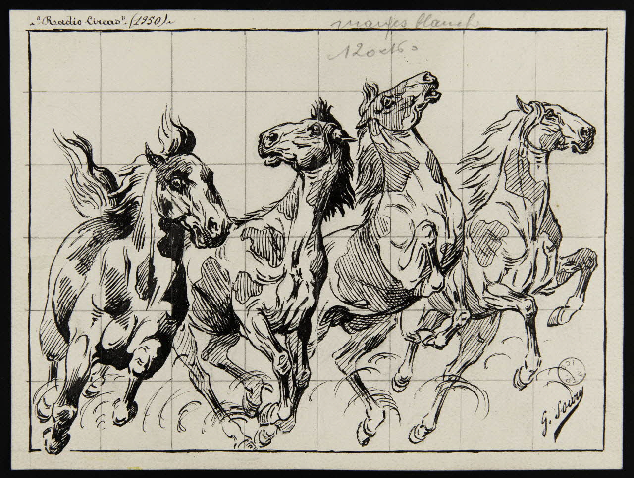 Gustave Soury dessin Etude pour quatre chevaux de cirque au galop 1950 1967.116.816 Photo