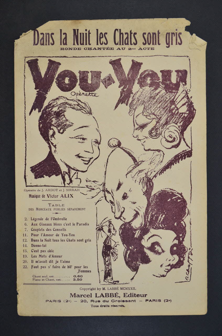 J. Ardot ; Victor Alix ; J. Sirrah ; Labbé chanson petit format Île-de-France, France 1922 1965.175.52 Photo Mucem