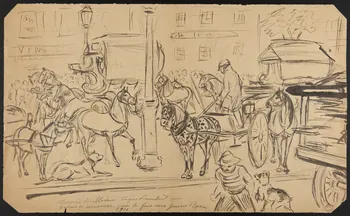 Gustave Soury ensemble (2) Arrivée du Modern-Cirque Lambert sur le Cours de Vincennes pour la Foire aux pains d'épices au recto, esquisse de chevaux au verso 1910 1967.116.898  Photo