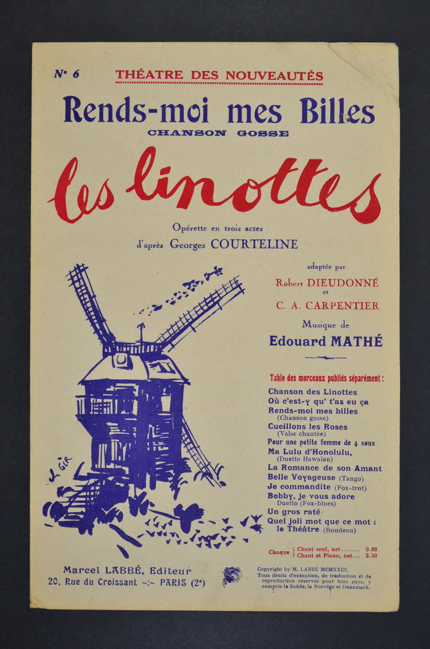 Georges Courteline ; Edouard Mathé ; Robert Dieudonné ; Charles-Alexis Carpentier ; Labbé chanson petit format Île-de-France, France 1923 1965.175.57 Photo Mucem