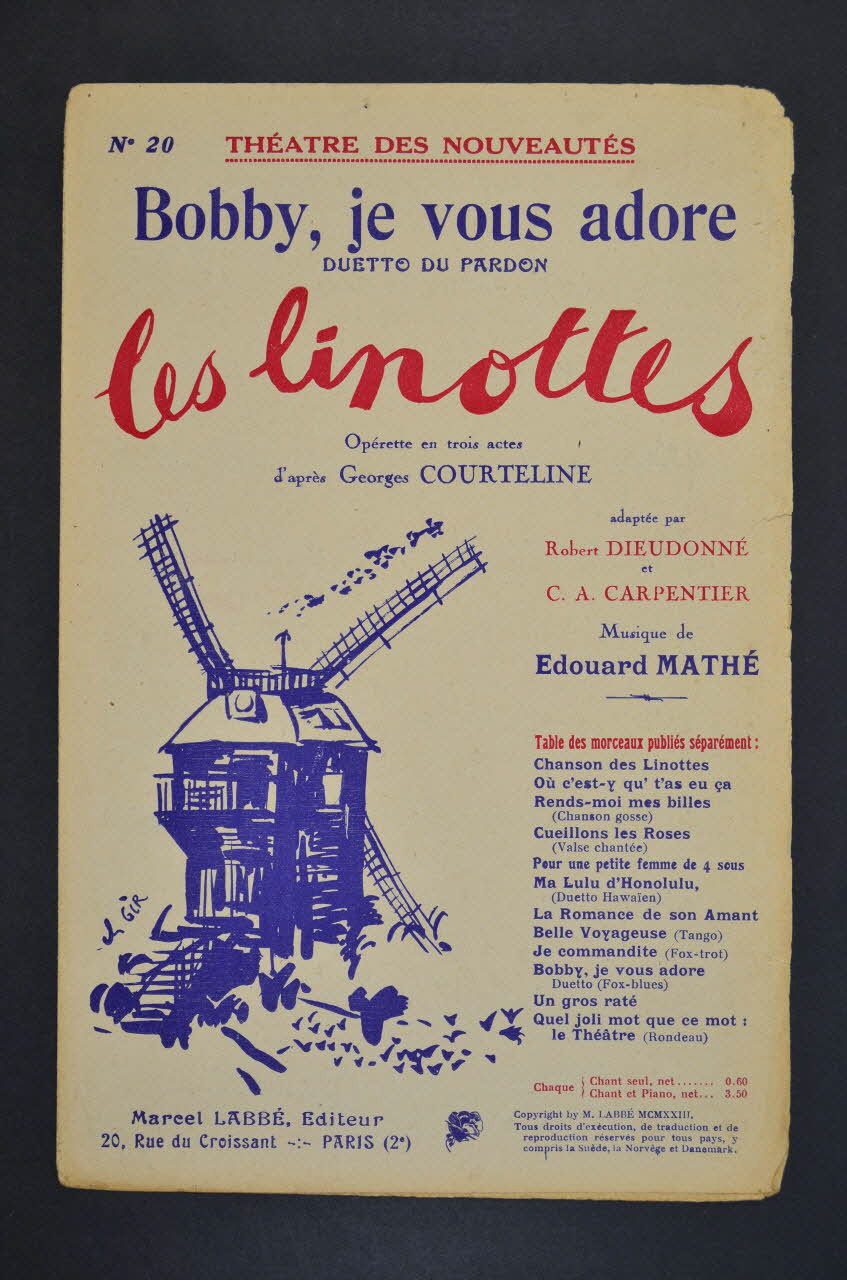 Georges Courteline ; Edouard Mathé ; Robert Dieudonné ; Charles-Alexis Carpentier ; Labbé chanson petit format Île-de-France, France 1923 1965.175.59 Photo Mucem