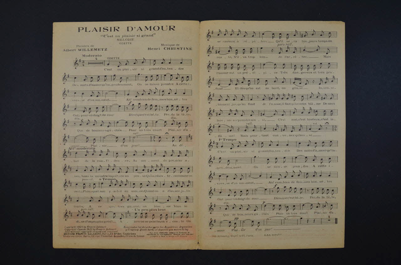 Albert Willemetz ; Henri Christiné ; Maguy-Warna ; Francis F. Salabert chanson petit format Île-de-France, France 1921 1965.175.6 Photo Mucem