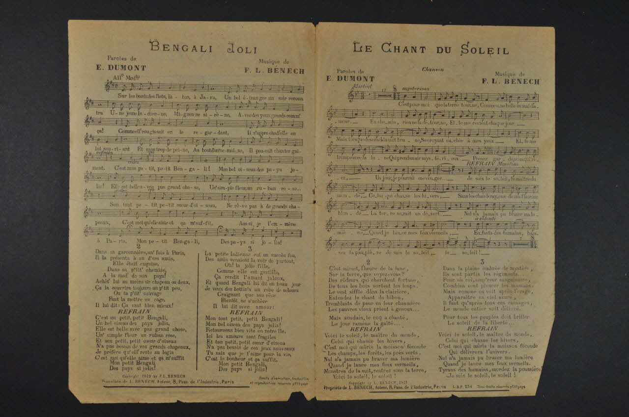 Ferdinand Louis Bénech ; Ernest Dumont chanson petit format Île-de-France, France 1919 1966.190.14 Photo Mucem