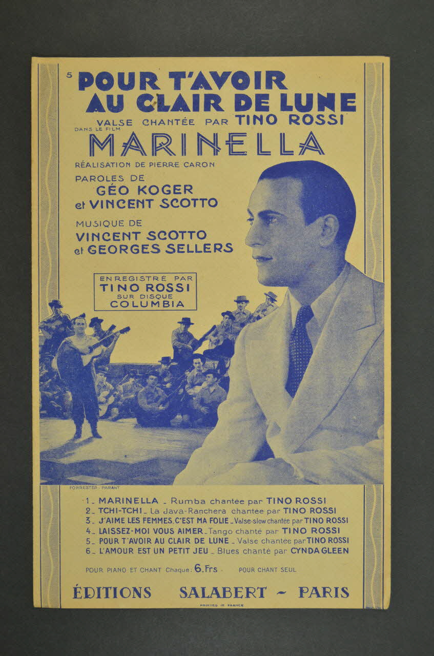 Géo Koger ; Vincent Scotto ; Tino Rossi ; Francis F. Salabert chanson petit format Île-de-France, France 1935 1966.190.143 Photo Mucem
