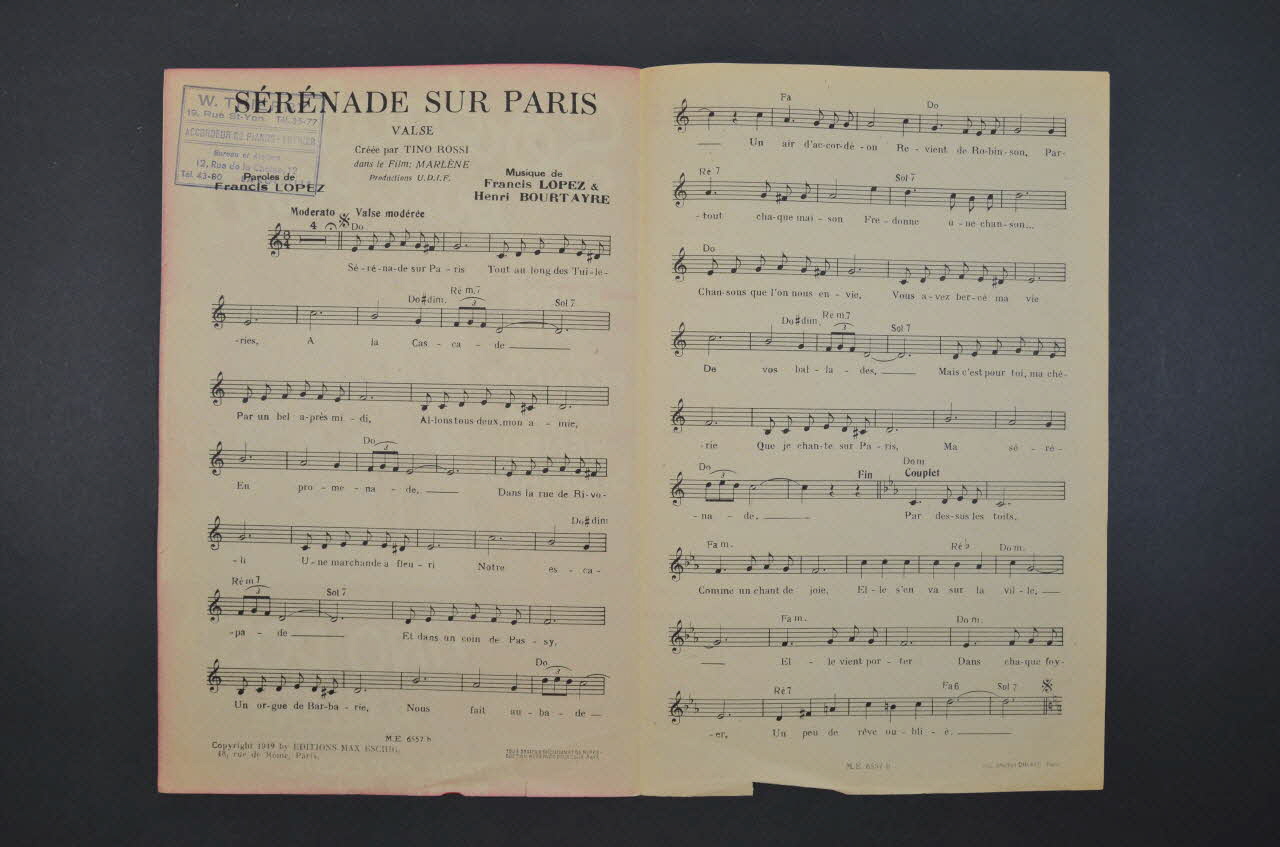 Henri Bourtayre ; Francis Lopez ; Tino Rossi ; Éditions Max Eschig chanson petit format Paris 8ème 1949 1966.190.157 Photo Mucem