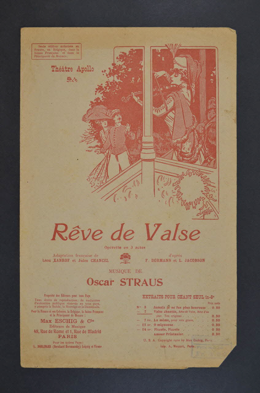 Léon Xanrof ; Oscar Straus ; Jules Chancel ; Éditions Max Eschig chanson petit format Île-de-France, France 1907 1966.190.20 Photo Mucem