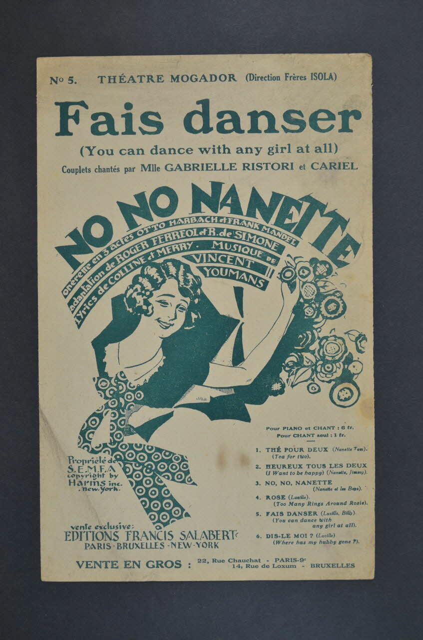 Roger Ferréol ; Vincent Youmans ; Robert De Simone ; Salabert chanson petit format Île-de-France, France 1926 1965.175.96 Photo Mucem