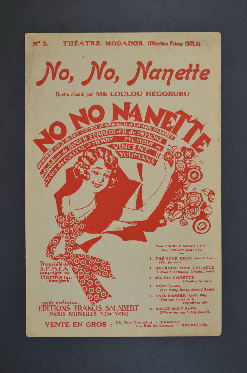Roger Ferréol ; Vincent Youmans ; Robert De Simone ; Colline ; Merry ; Loulou Hegoburu ; Salabert chanson petit format Île-de-France, France 1926 1965.175.98 Photo Mucem