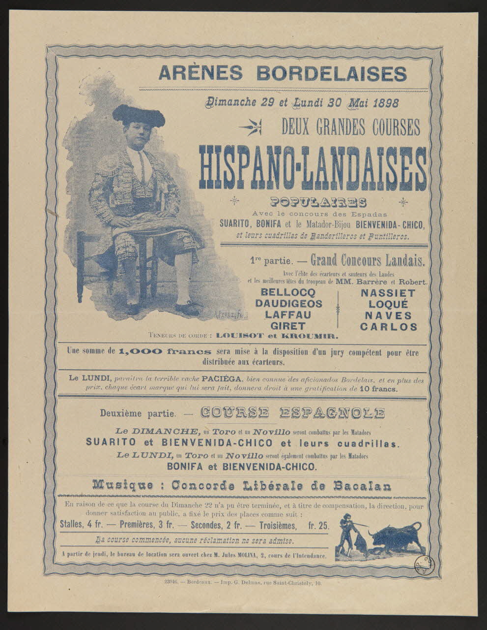 affiche ARENES BORDELAISES  Dimanche 29 et Lundi 30 Mai 1898  DEUX GRANDES COURSES  HISPANO-LANDAISES 1967.116.997 Photo