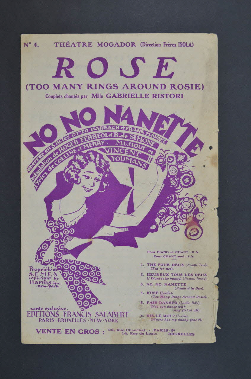 Roger Ferréol ; Vincent Youmans ; Robert De Simone ; Salabert chanson petit format Île-de-France, France 1926 1965.175.99 Photo Mucem