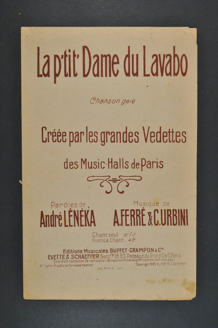 Ciro Urbini ; Antoine Ferré ; André Leneka ; Editions Musicales Buffet; ; Crampon Et Cie; chanson petit format Île-de-France, France 1925 1965.176.10 Photo Mucem