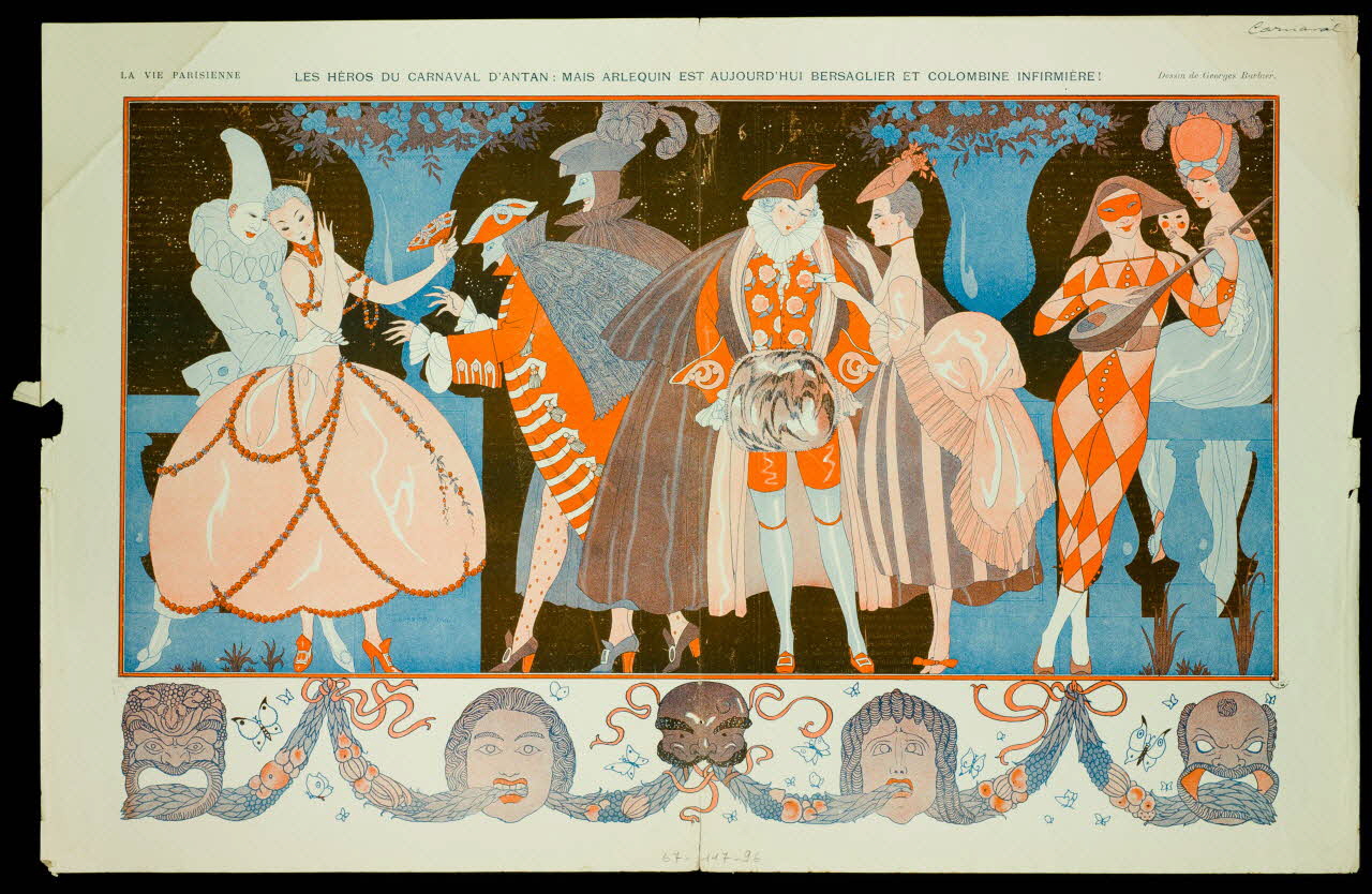 estampe LES HEROS DU CARNAVAL D'ANTAN : MAIS ARLEQUIN EST AUJOURD'HUI BERSAGLIER ET COLOMBINE INFIRMIERE ! 1967.117.96 Photo