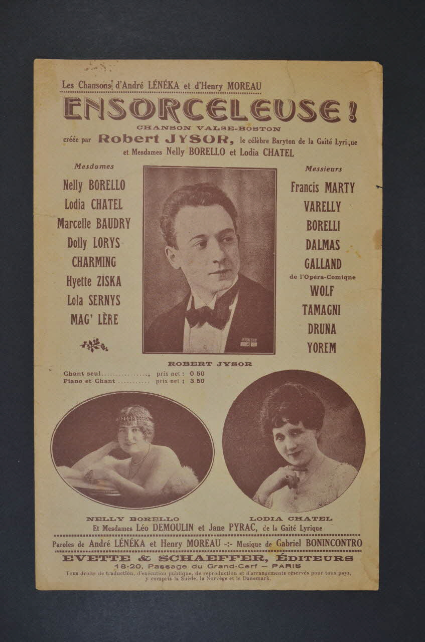 André Leneka ; Bonincontro ; Henry Moreau ; Robert Jysor ; Nelly Borello ; Lodia Chatel ; Evette; ; Evette & Schaeffer chanson petit format Île-de-France, France 1924 1965.176.25 Photo Mucem