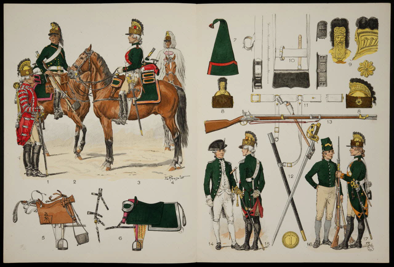 estampe L'Armée Française  SES UNIFORMES  SON ARMEMENT  SON EQUIPEMENT  DRAGONS  REGLEMENT DE 1786 1967.166.2.1 Photo