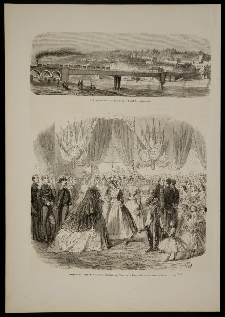 estampe Pont tubulaire sur la Saône, à Lyon, et tunnel de la Quarantaine.  Réception de la députation des jeunes Bressanes par l'Empereur et l'Impératrice à leur passage à Mâcon. 1967.171.27 Photo