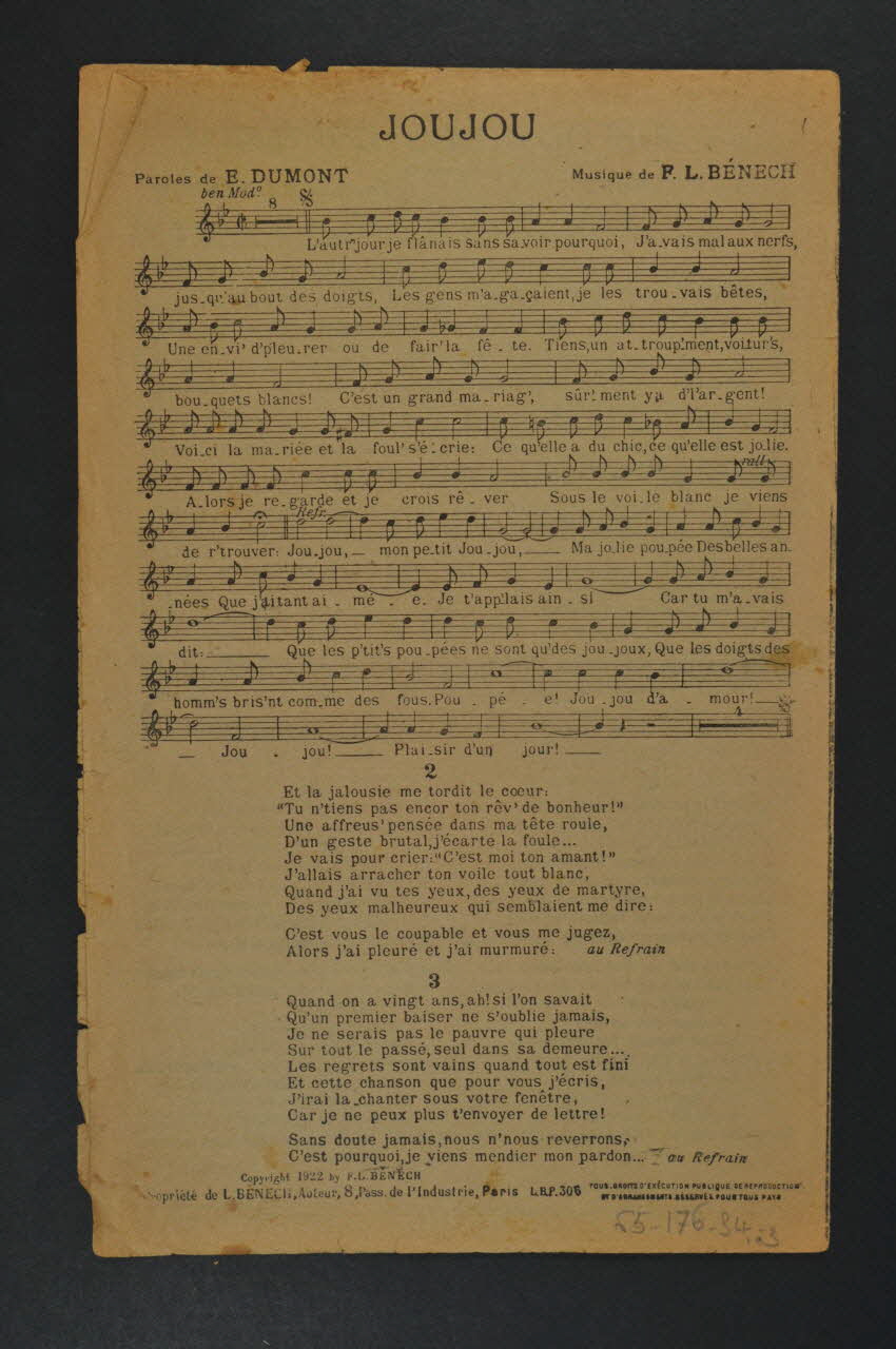 Ernest Dumont ; Ferdinand Louis Bénech chanson petit format Île-de-France, France 1912 1965.176.34 Photo Mucem