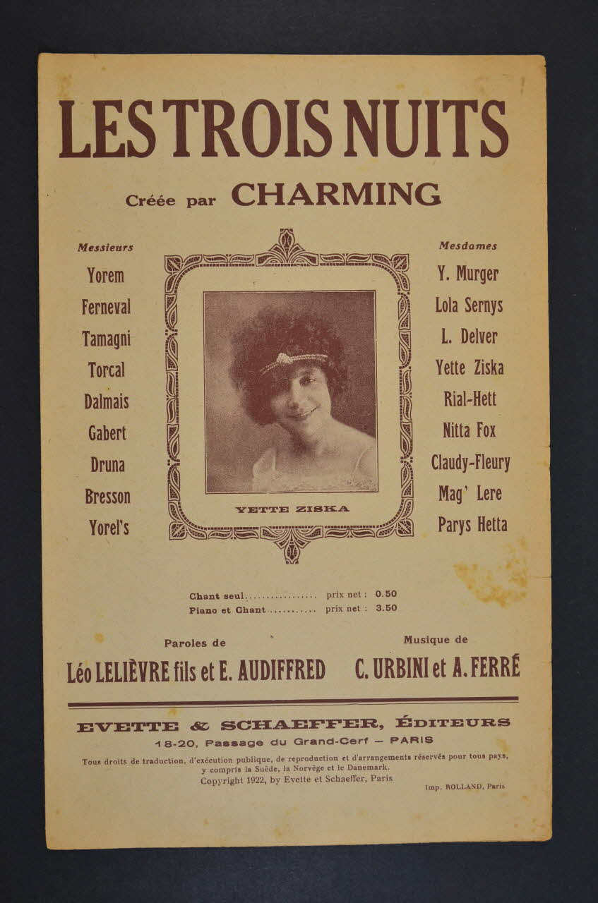 Antoine Ferré ; Ciro Urbini ; Léo Fils Lelièvre ; E Audiffred ; Evette; ; Evette & Schaeffer ; Charming chanson petit format Île-de-France, France 1922 1965.176.38 Photo Mucem