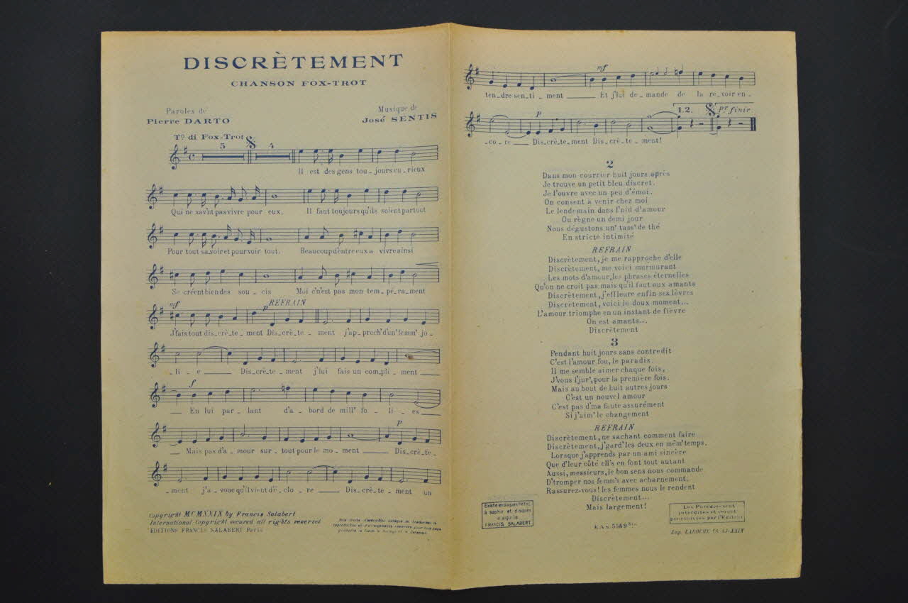 Henri Varna ; Lucien Boyer ; Léo Lelièvre ; René Sylviano ; Franz Doelle ; Fernand Rouvray ; José Sentis ; Pierre Darto ; Aimé Simon-Girard ; Pierre Meyer ; Francis F. Salabert chanson petit format Île-de-France, France 1929 1965.176.44 Photo Mucem