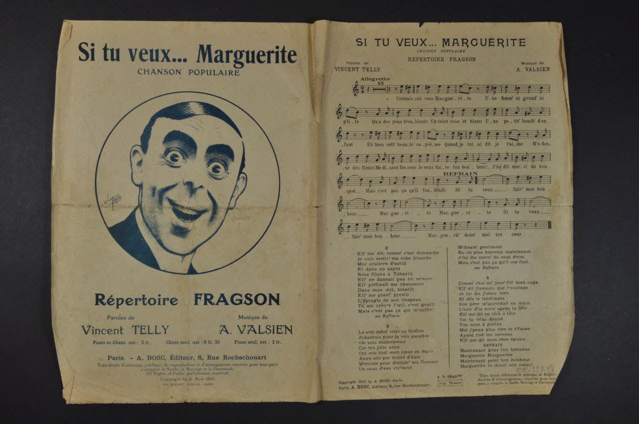 Vincent Telly ; Albert Valsien ; Harry Fragson ; Auguste Bosc chanson petit format Île-de-France, France 1913 1966.190.98 Photo Mucem