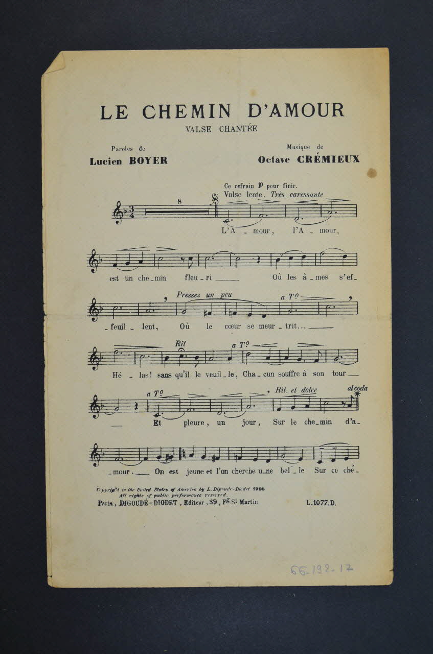 Roland GaëL ; Octave Crémieux ; Digoudé-Diodet; chanson petit format Île-de-France, France 1907 1966.192.17 Photo Mucem