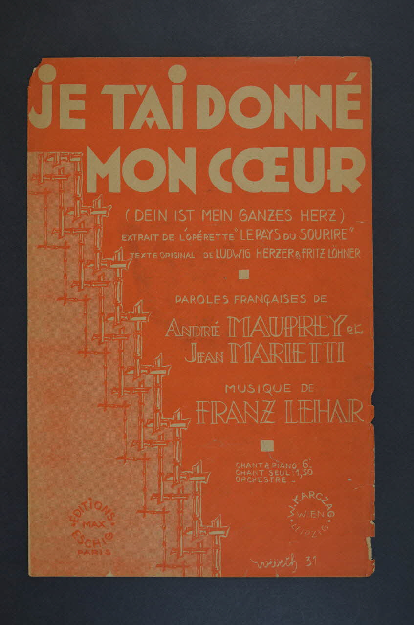 André Mauprey ; Franz Lehar ; Jean Marietti ; Éditions Max Eschig chanson petit format Île-de-France, France 1931 1966.192.18 Photo Mucem