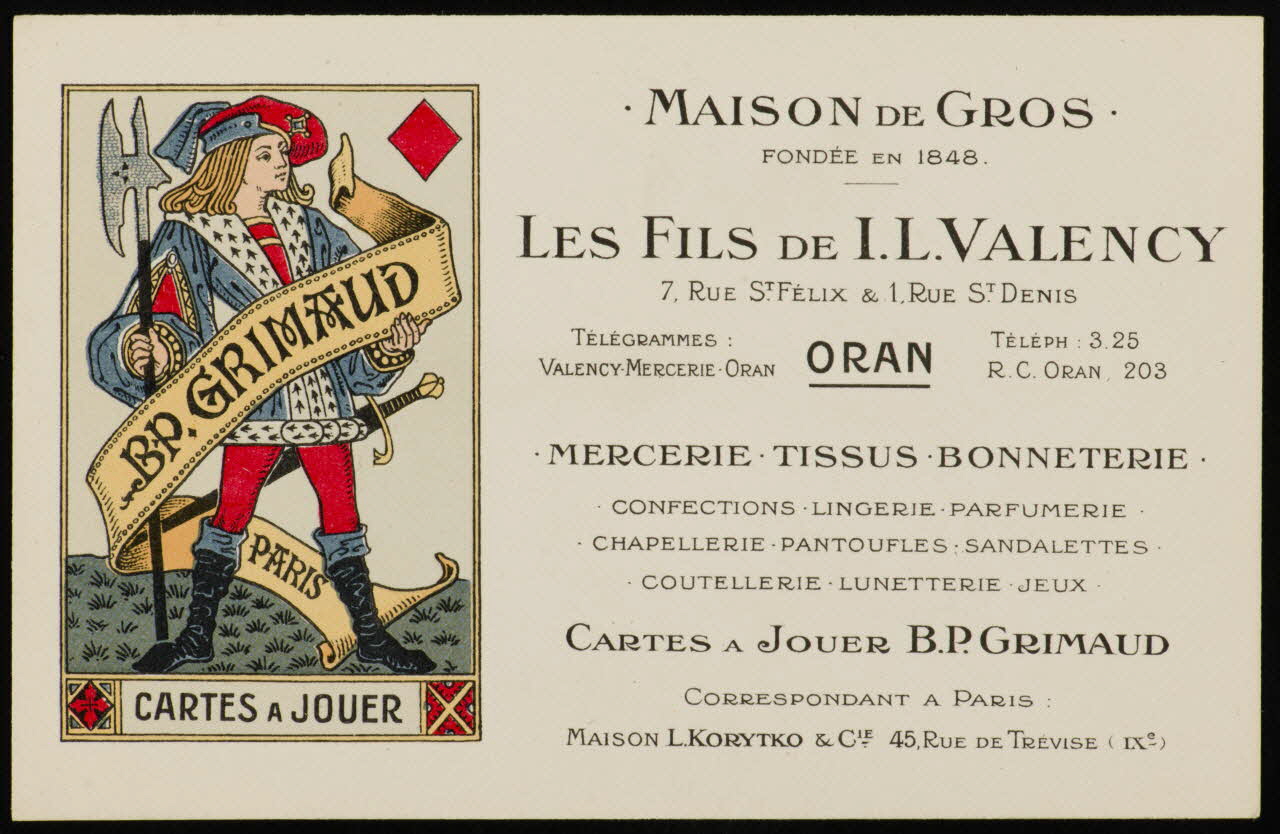 estampe MAISON DE GROS  FONDEE EN 1848.  LES FILS DE I. L. VALENCY 1967.185.1777.2 Photo
