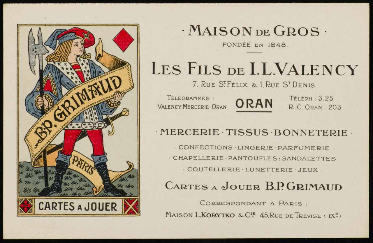 estampe MAISON DE GROS  FONDEE EN 1848.  LES FILS DE I. L. VALENCY 1967.185.1777.8 Photo