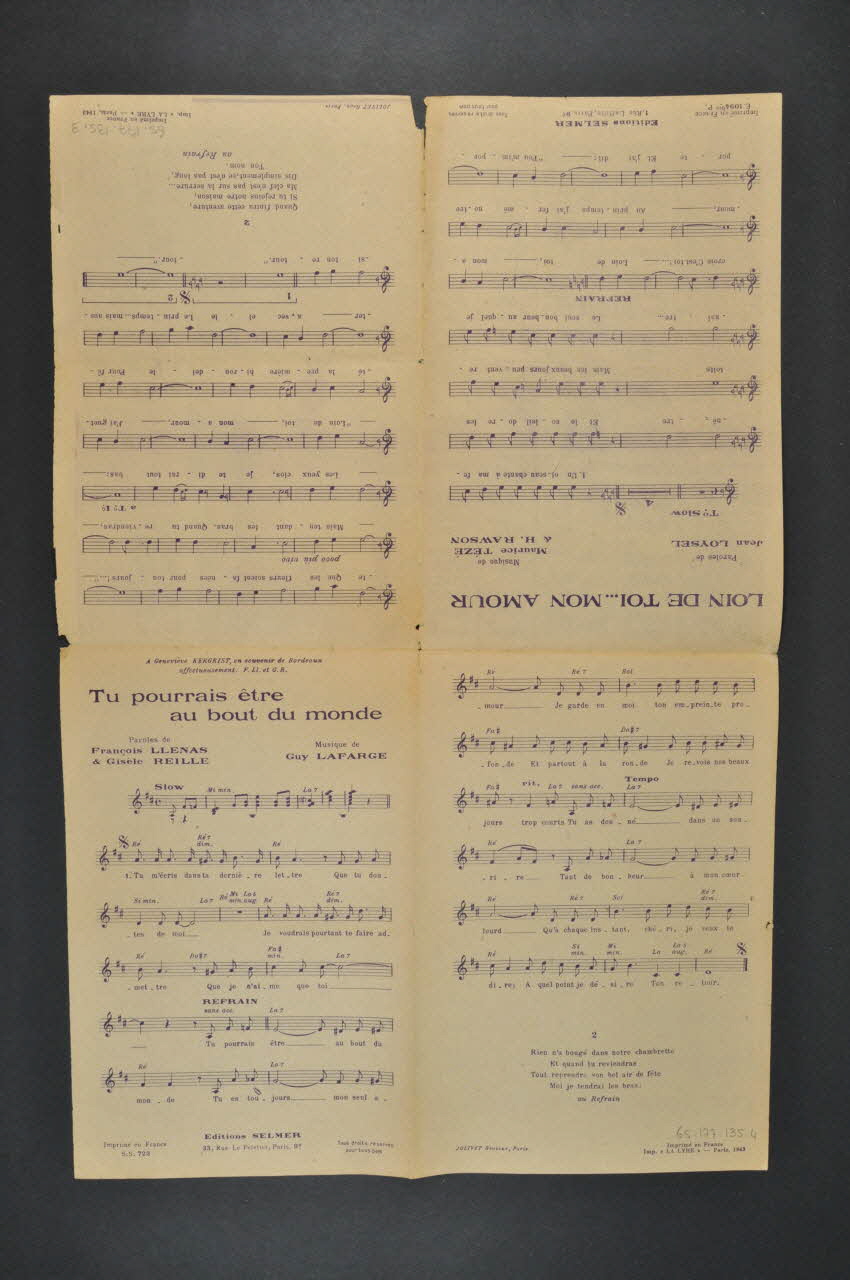 Gisèle Reille ; Gaston Groener ; François Llenas ; René Rouzaud ; H Rawson ; Louis Gasté ; Alix Combelle ; Guy Lafarge ; L.-P Vetheuil ; Maurice Tézé ; Pierre Thomas ; Jean Loysel ; Chatrian ; Selmer; chanson petit format Île-de-France, France 1943 1965.177.135 Photo Mucem