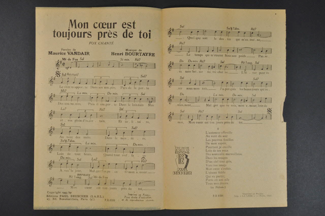 Maurice Vandair ; Henri Bourtayre ; Paul Beuscher ; Georges Guétary chanson petit format Île-de-France, France 1943 1966.192.39 Photo Mucem
