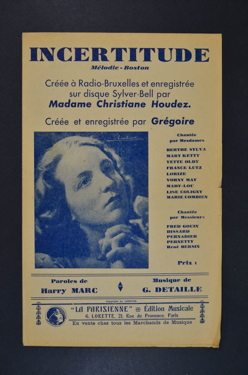Harry Marc ; G. Detaille ; Christiane Houdez ; Grégoire ; La Parisienne, Edition Musicale; ; G. Lorette chanson petit format Île-de-France, France 1929 1966.192.40 Photo Mucem