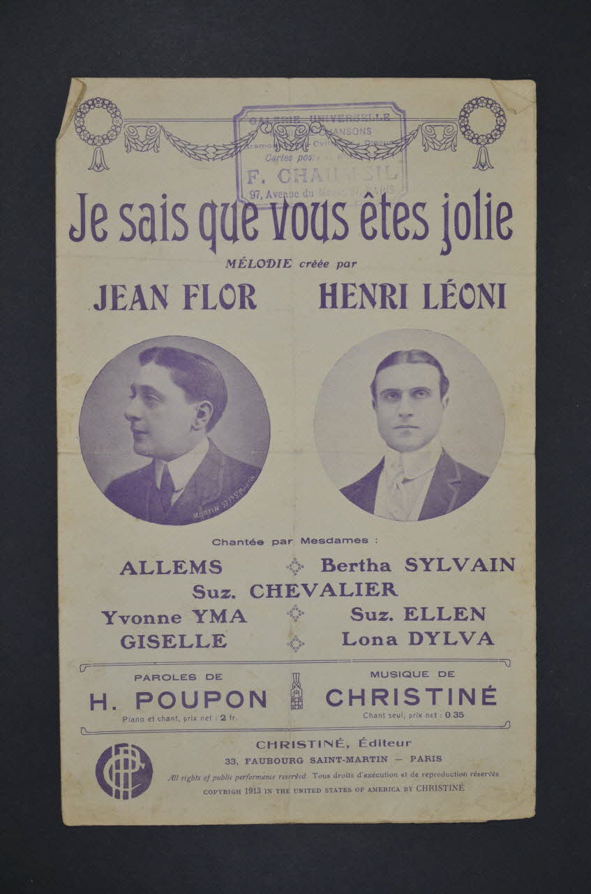 Henri Poupon ; Henri Christiné ; Jean Flor ; Henri Leoni chanson petit format Île-de-France, France 1912 1965.177.15 Photo Mucem