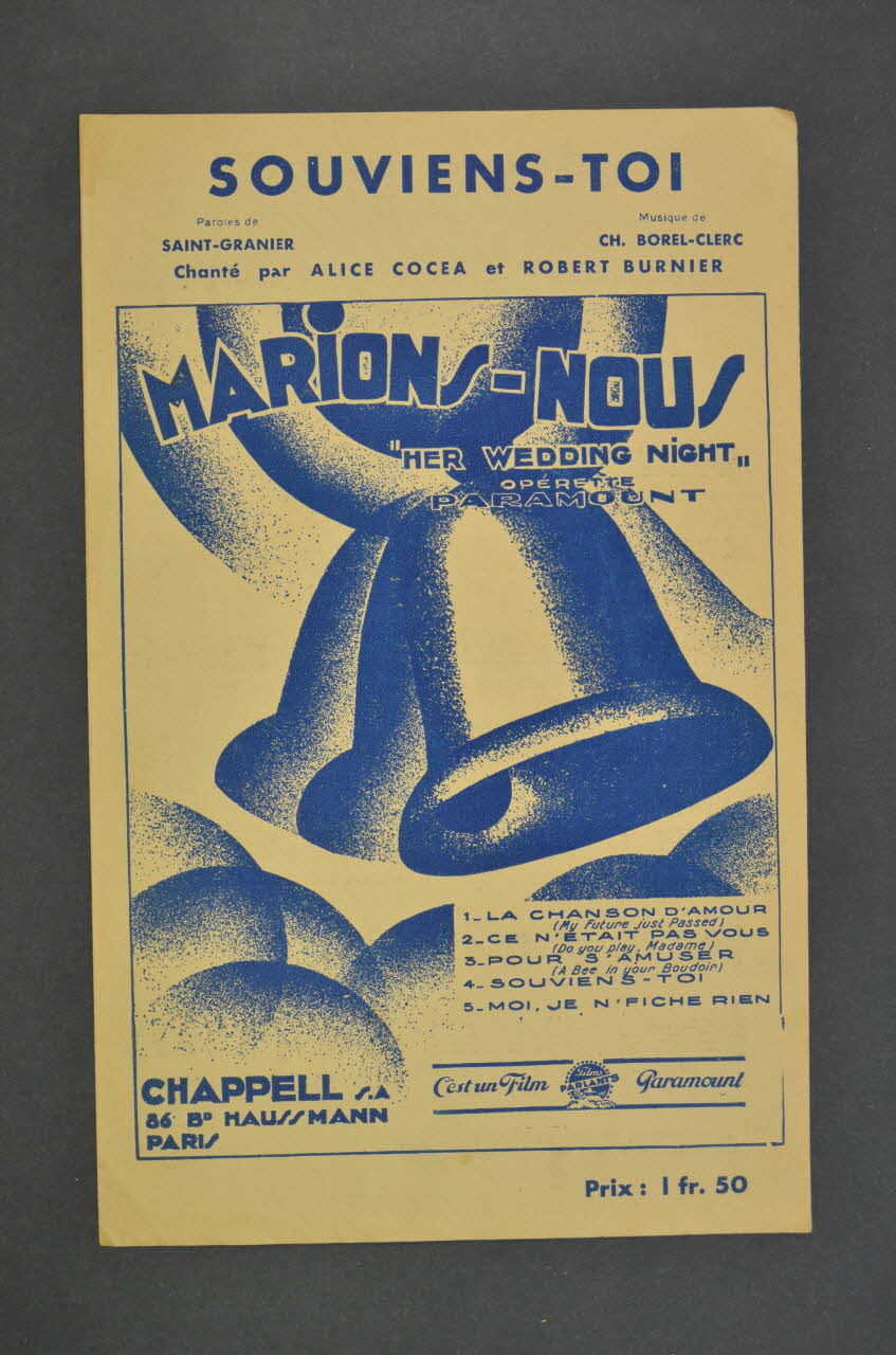 Charles Saint-Granier ; Charles Borel-Clerc ; Alice Cocéa ; Robert Burnier ; Chappell; chanson petit format Île-de-France, France 1931 1965.177.27 Photo Mucem