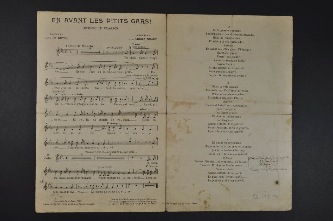 Lucien Boyer ; L. J. Archainbaud ; Harry Fragson ; Auguste Bosc chanson petit format Île-de-France, France 1913 1966.193.20 Photo Mucem