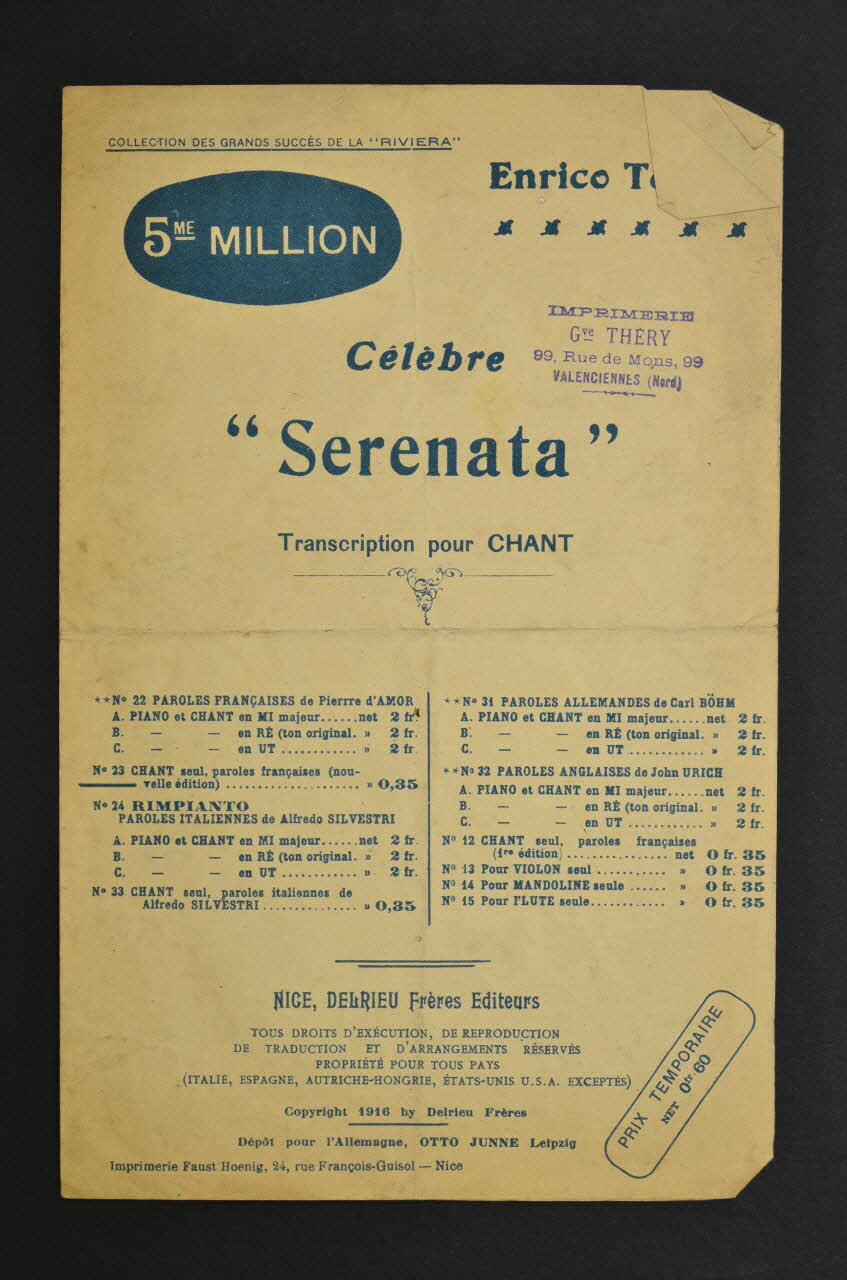 Pierre D' Amor ; Enrico Toselli ; Les Frères Delrieu chanson petit format Provence-Alpes-Côte d'Azur, France 1916 1966.193.4 Photo Mucem