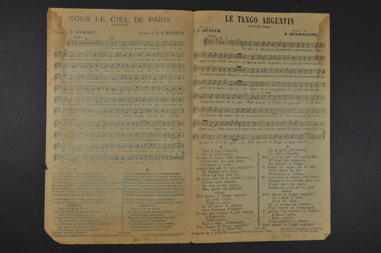 Romain Desmoulins ; Ferdinand Louis Bénech ; Ernest Dumont chanson petit format Île-de-France, France 1922 1966.193.8 Photo Mucem