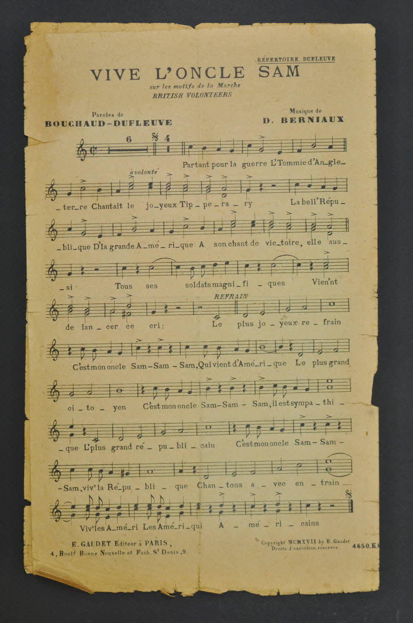 Edmond Bouchaud ; Désiré Berniaux ; Dufleuve ; E. Gaudet chanson petit format Île-de-France, France 1917 1966.193.9 Photo Mucem
