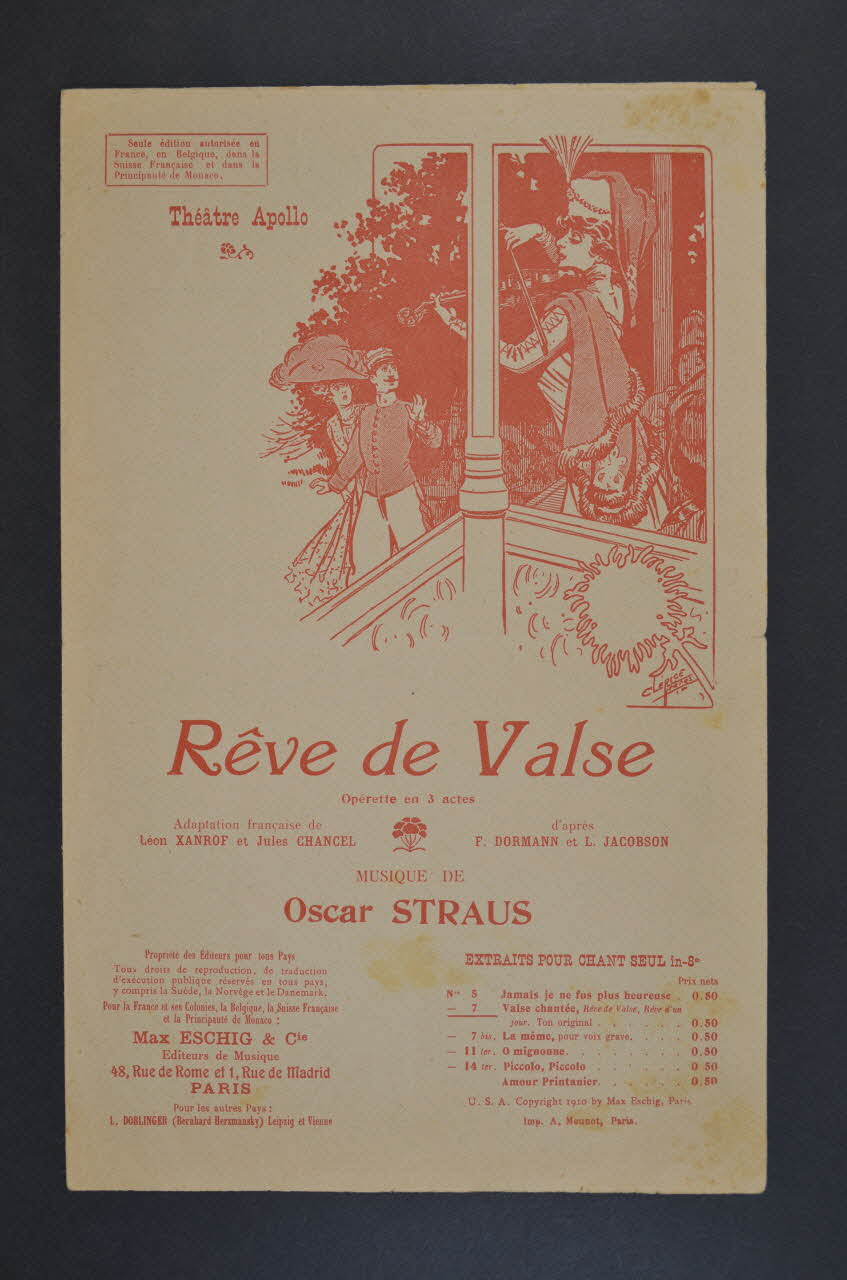 Jules Chancel ; Léon Xanrof ; Oscar Straus ; Éditions Max Eschig chanson petit format Île-de-France, France 1907 1966.194.9 Photo Mucem