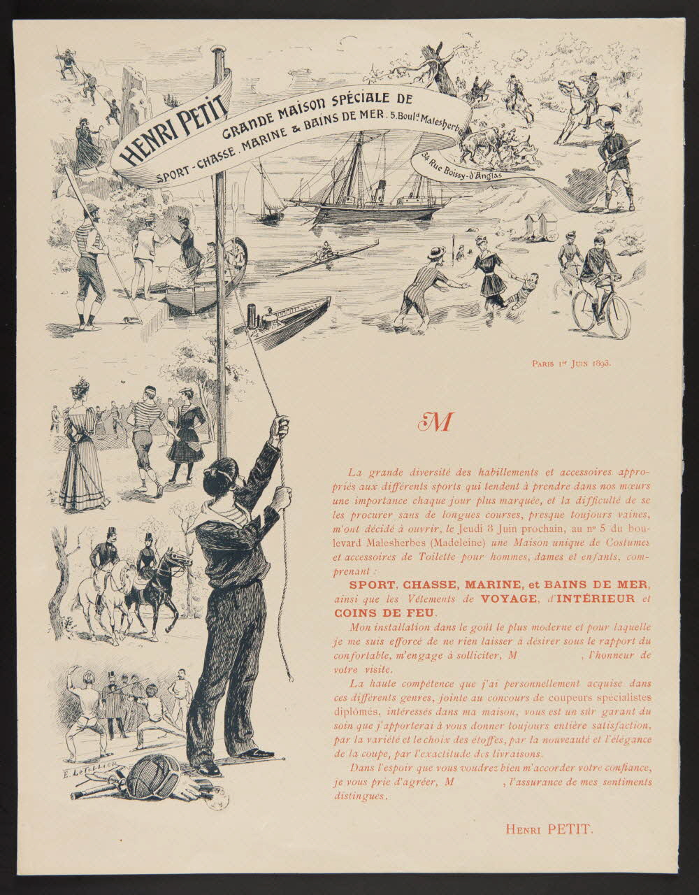 estampe HENRI PETIT  GRANDE MAISON SPECIALE DE  SPORT - CHASSE. MARINE & BAINS DE MER. 1967.50.25 Photo