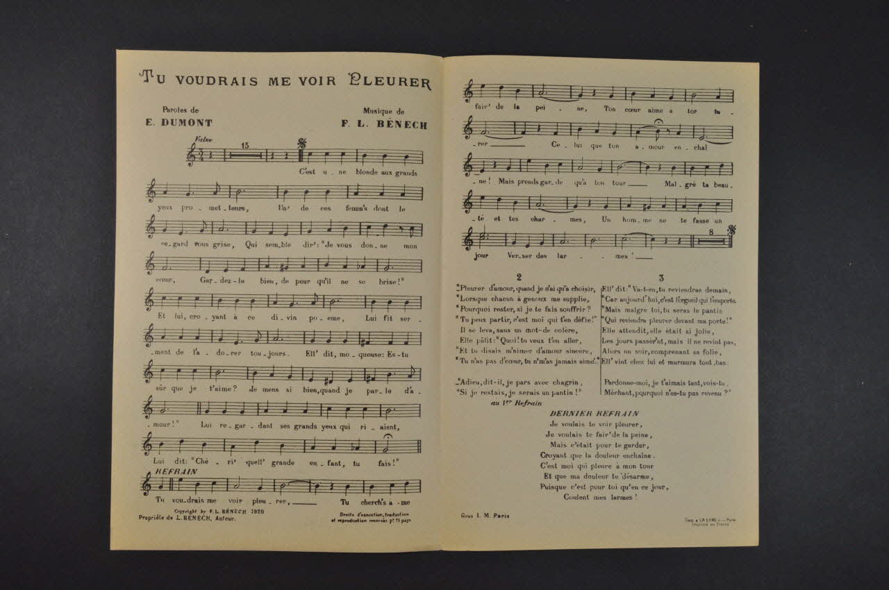 Ferdinand Louis Bénech ; Ernest Dumont ; Emma Liébel ; Paul Beuscher chanson petit format Île-de-France, France 1920 1966.196.9 Photo Mucem